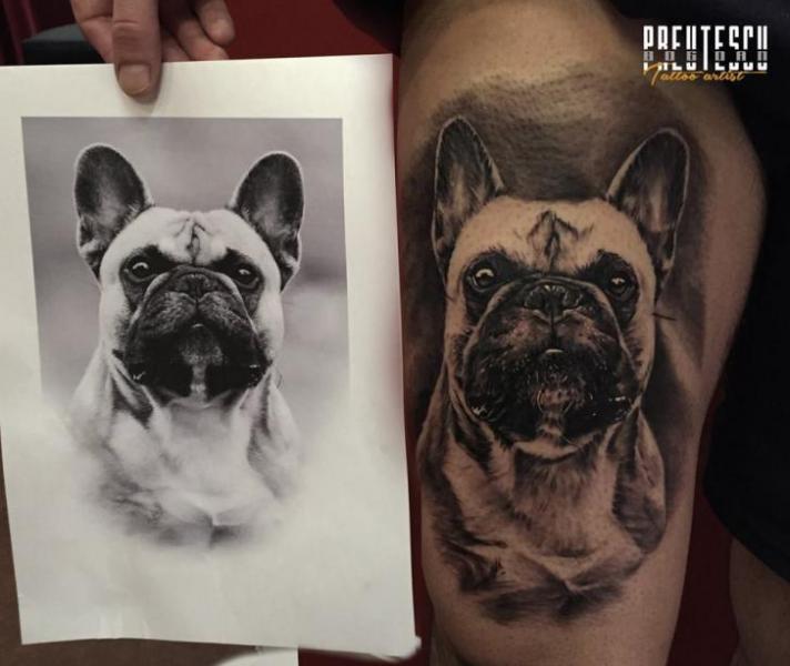 Tatuaje Realista Perro Muslo por El Loco Tattoo Lounge