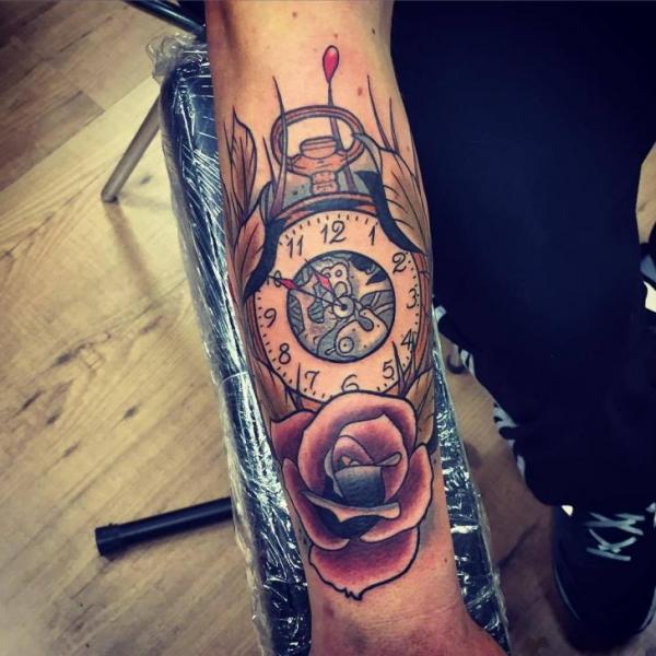 Arm Clock New School Flower Tattoo by Solid Heart Tattoo