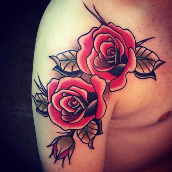 Shoulder Old School Flower Tattoo by Solid Heart Tattoo