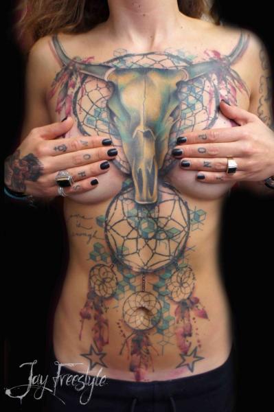 Skull Belly Dreamcatcher Breast Tattoo by Jay Freestyle
