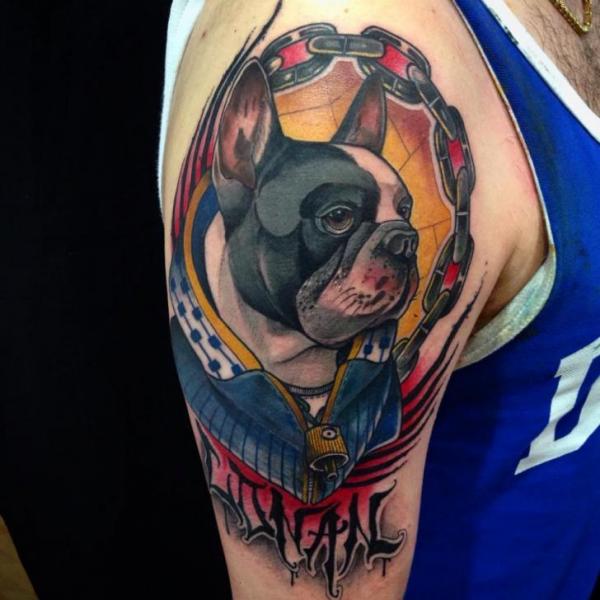 Arm New School Dog Tattoo by Blessed Tattoo