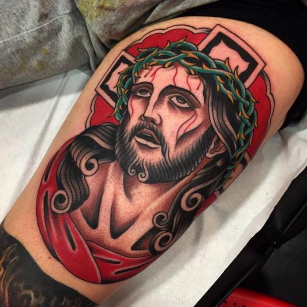 Jesus Religious Thigh Tattoo by Blessed Tattoo