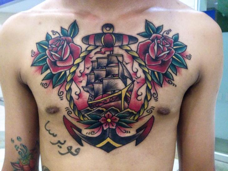 Chest Old School Flower Anchor Ship Tattoo by Fontecha Iron