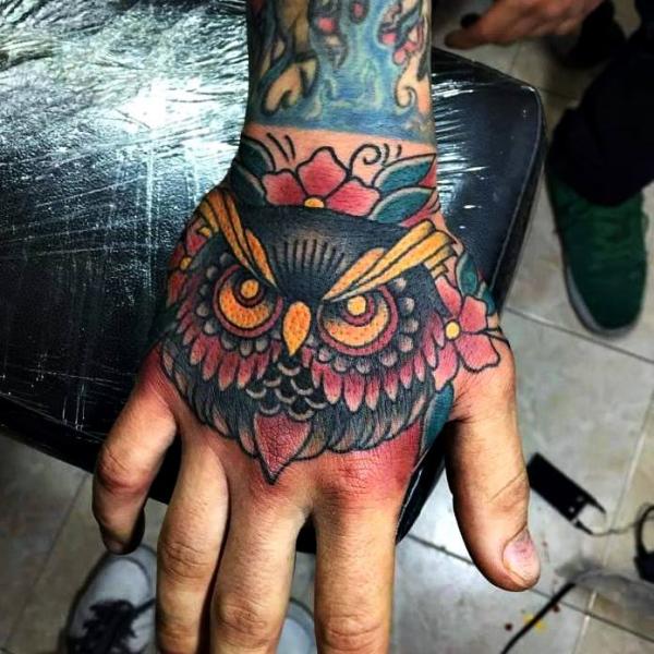 Old School Hand Owl Tattoo by Fontecha Iron