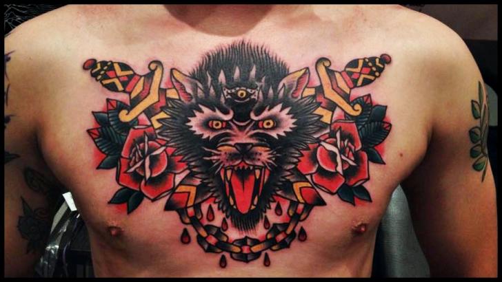 Chest Old School Wolf Dagger Tattoo by Fontecha Iron