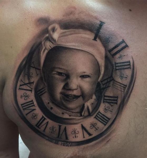 Portrait Clock Chest Children Tattoo by PXA Body Art