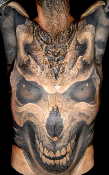 Chest Skull Belly Tattoo by Leu Family Iron