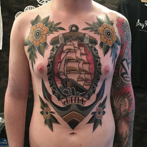 Chest Old School Flower Belly Anchor Galleon Tattoo by Sorry Mom