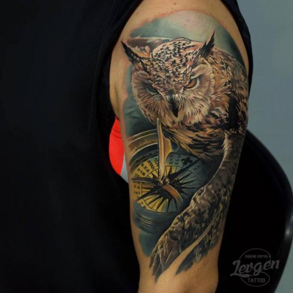 Arm Realistic Owl Compass Tattoo by Voice of Ink