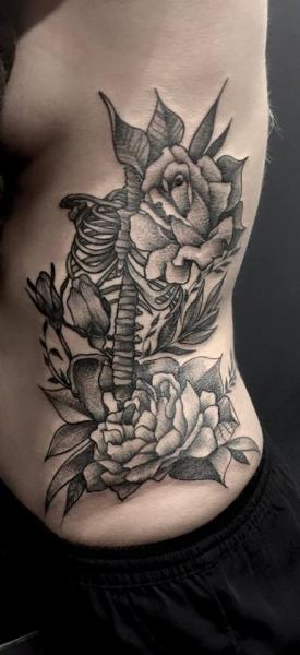 Flower Side Dotwork Skeleton Tattoo by Art Faktors