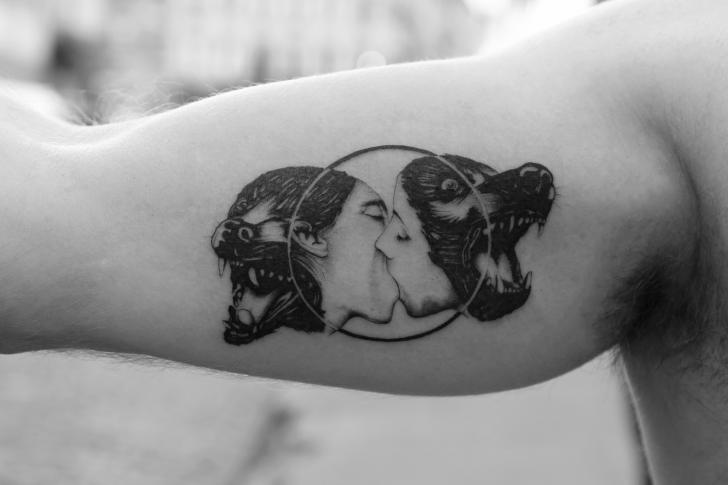 Arm Women Kiss Dog Tattoo by Bang Bang