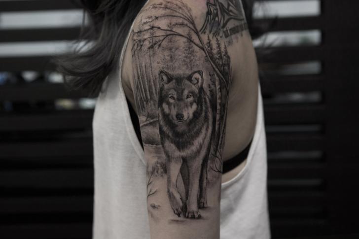 Arm Realistic Wolf Forest Tattoo by Bang Bang