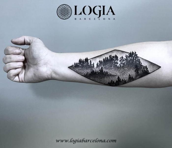 Arm Dotwork Forest Tattoo by Logia Barcelona