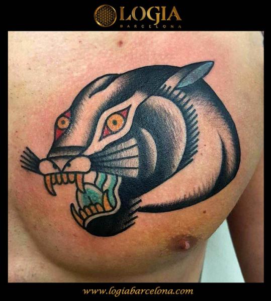 Chest Old School Panther Tattoo by Logia Barcelona