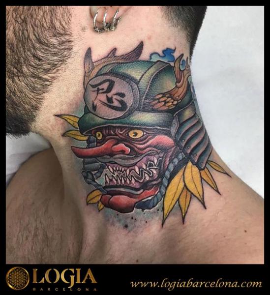 Japanese Mask Neck Demon Tattoo by Logia Barcelona