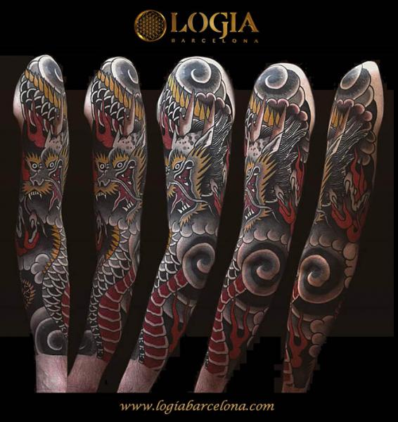 Japanese Dragon Sleeve Tattoo by Logia Barcelona