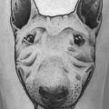 Realistic Dog Dotwork Thigh tattoo by Logia Barcelona