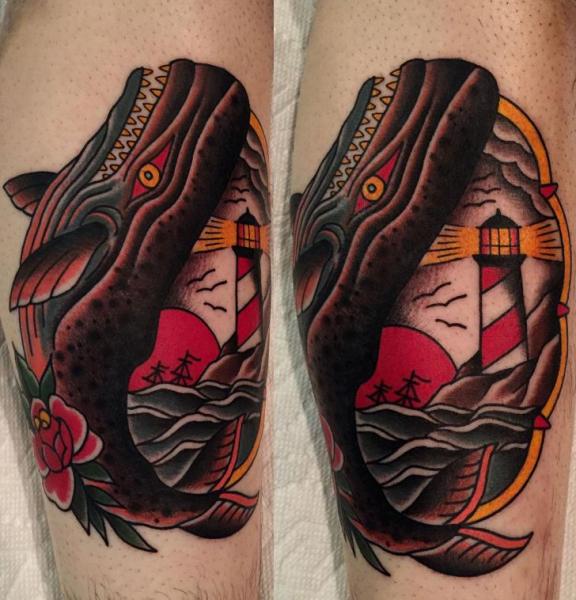 Arm New School Lighthouse Whale Tattoo by Kings Avenue Tattoo