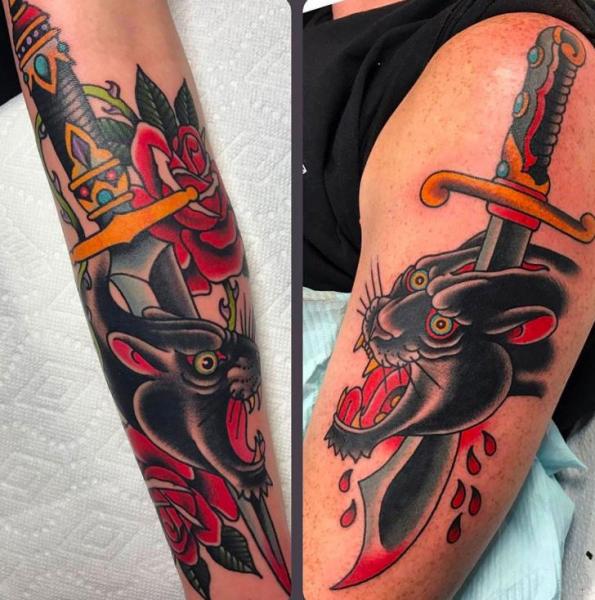Arm Old School Dagger Panther Tattoo by Kings Avenue Tattoo