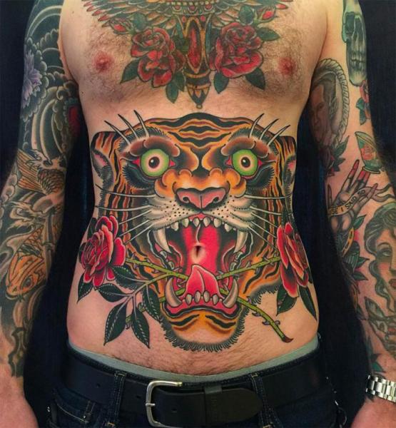 New School Tiger Belly Rose Tattoo by Kings Avenue Tattoo
