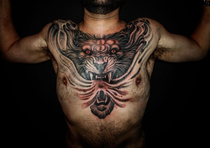 Chest Lion Tattoo by Kings Avenue Tattoo
