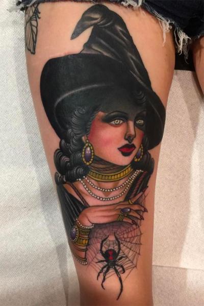 Spider Witch Thigh Tattoo by Kings Avenue Tattoo