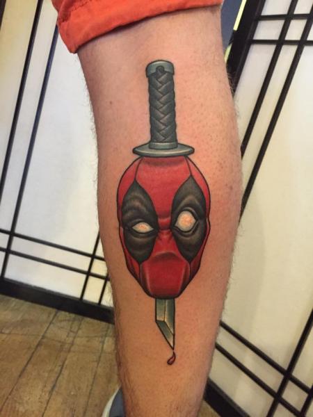 Calf Hero Dagger Deadpool Tattoo by Good Kind Tattoo