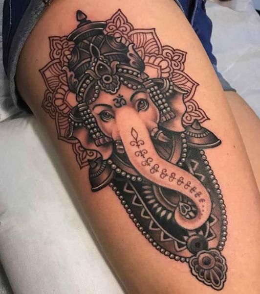 Religious Ganesh Thigh Tattoo by Good Kind Tattoo