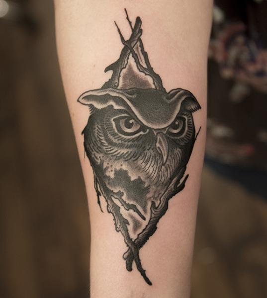 Arm Owl Tattoo by Electric Anvil Tattoo
