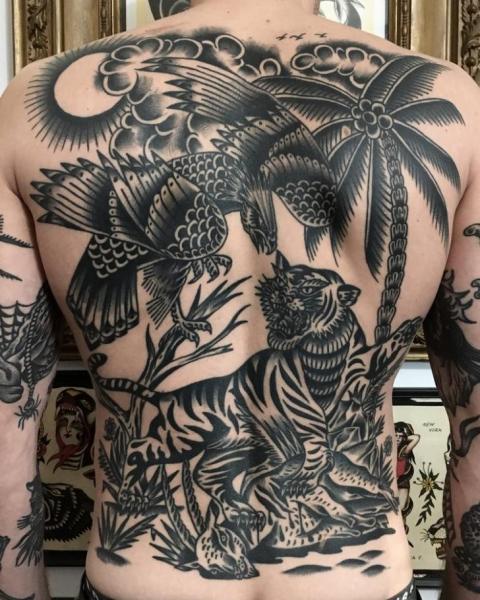 Back Eagle Tiger Tattoo by Electric Anvil Tattoo