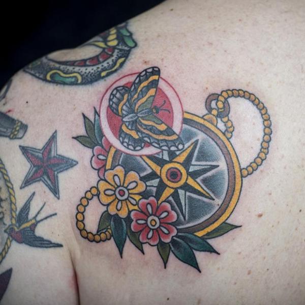 Shoulder Old School Butterfly Compass Tattoo by Electric Anvil Tattoo