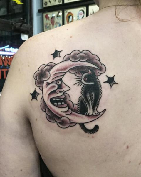 Shoulder Cat Moon Tattoo by Electric Anvil Tattoo