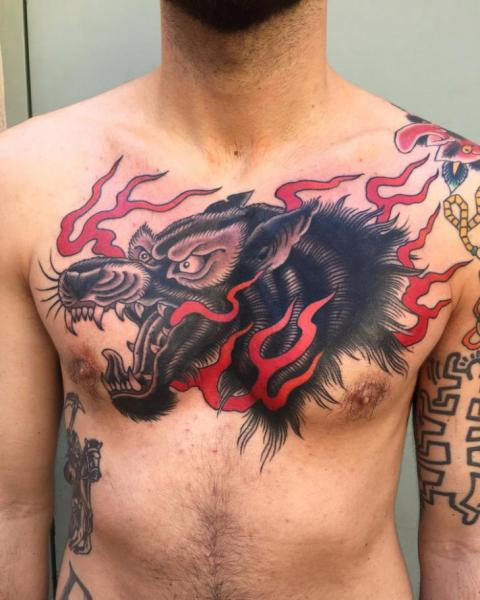 Chest Old School Wolf Tattoo by Electric Anvil Tattoo