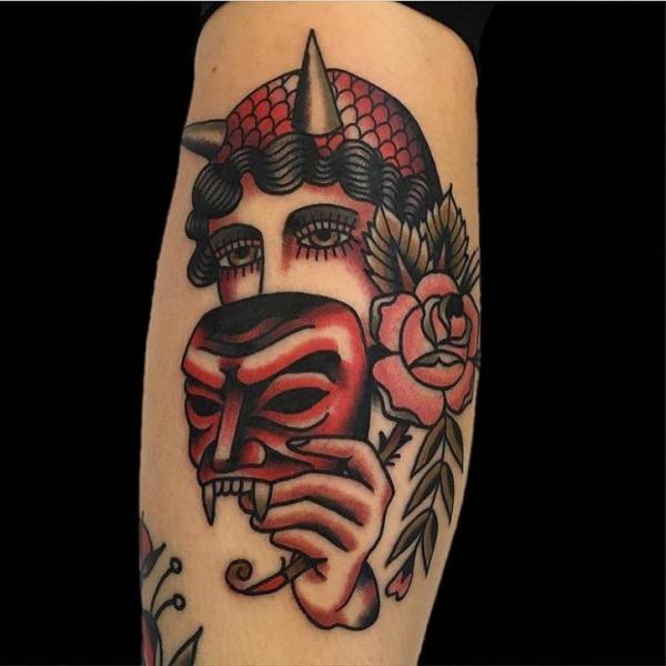 Arm Old School Mask Gypsy Tattoo by Black Anvil Tattoo