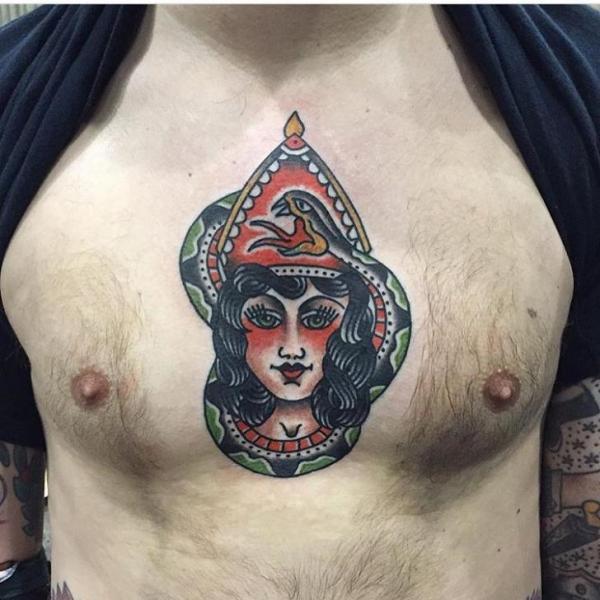 Snake Chest Old School Gypsy Tattoo by Black Anvil Tattoo