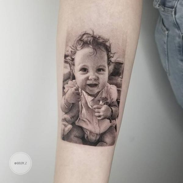 Arm Portrait Dotwork Child Tattoo by Dot Ink Group