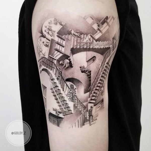 Tatuaje Brazo Dotwork Escher por Dot Ink Group