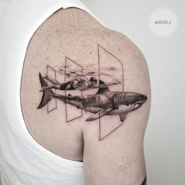 Shoulder Dotwork Shark Swim Tattoo by Dot Ink Group