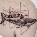 Shoulder Dotwork Shark Swim tattoo by Dot Ink Group