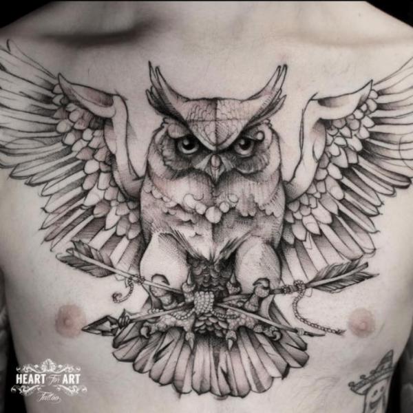 Chest Owl Arrow Tattoo by Heart of Art