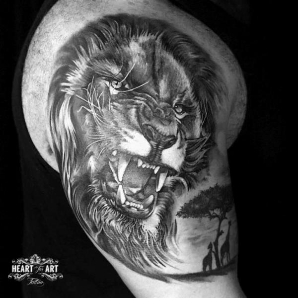 Shoulder Lion Tattoo by Heart of Art