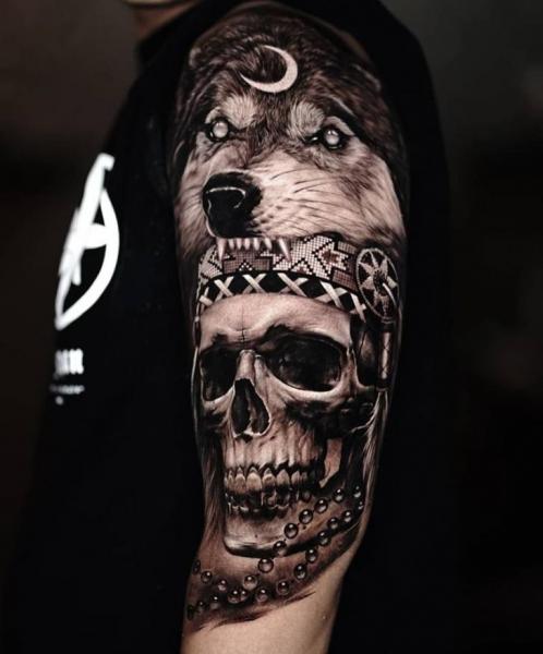 Arm Skull Wolf Tattoo by Sabian Ink