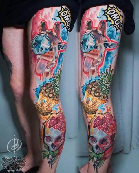 Leg Skull Giraffe Brain Pineapple Tattoo by Daria Pirojenko