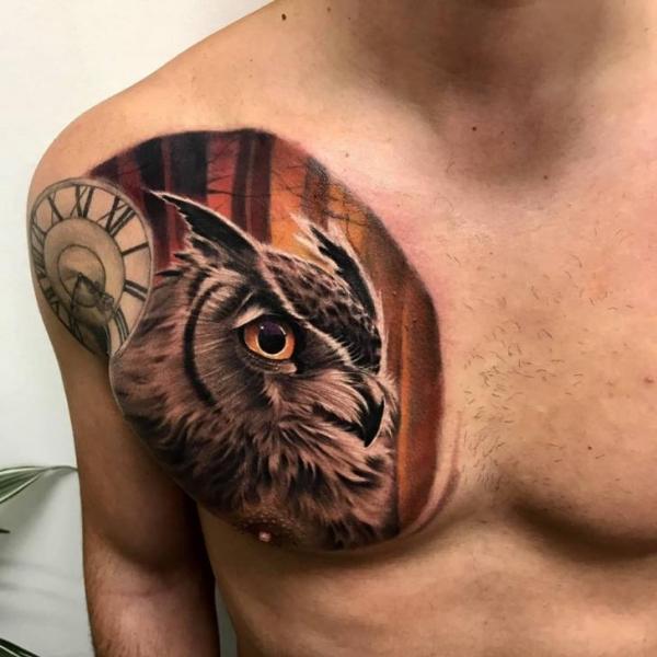 Realistic Chest Owl Tattoo by Plan9 Ealing