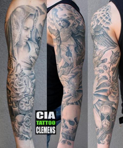 Arm Skull Angel Religious Sleeve Tattoo by Cia Tattoo