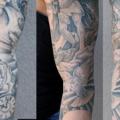 รอยสัก แขน กะโหลกศีรษะ นางฟ้า ศาสนา ปลอกแขน โดย Cia Tattoo