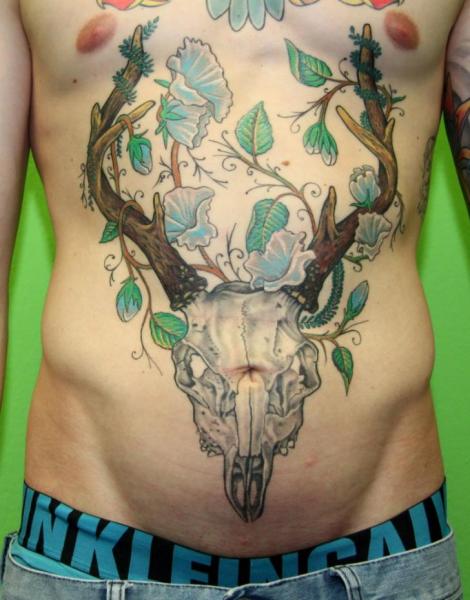 Skull Belly Leaf Deer Tattoo by Cia Tattoo