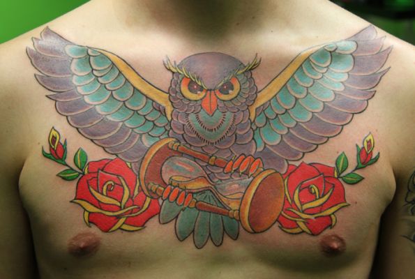 Chest Owl Clepsydra Tattoo by Cia Tattoo