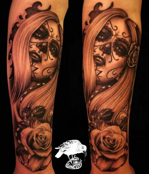 Arm Mexican Skull Women Tattoo by Barry Louvaine