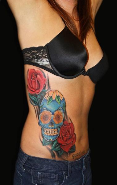 Flower Side Skull Tattoo by Barry Louvaine
